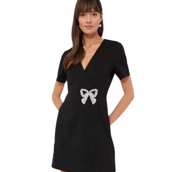 Hyacinth House Beaded Bow Amal Mini Dress Small Black Holiday Cocktail NWOT - Picture 1 of 8
